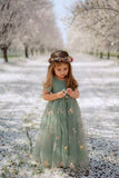 Vintage Green Cap Sleeves Long Flower Girl Dresses With Appliques