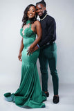 Vintage Halter Sleeveless Jade Green Sequins Mermaid Prom Dresses With Appliques