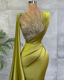 Vintage Jewel Satin Emerald Crystal Mermaid Prom Dresses Long