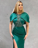 Vintage Jewel Satin Ruffles Split Lace Jade Zipper Mermaid Prom Dresses