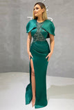 Vintage Jewel Satin Ruffles Split Lace Jade Zipper Mermaid Prom Dresses