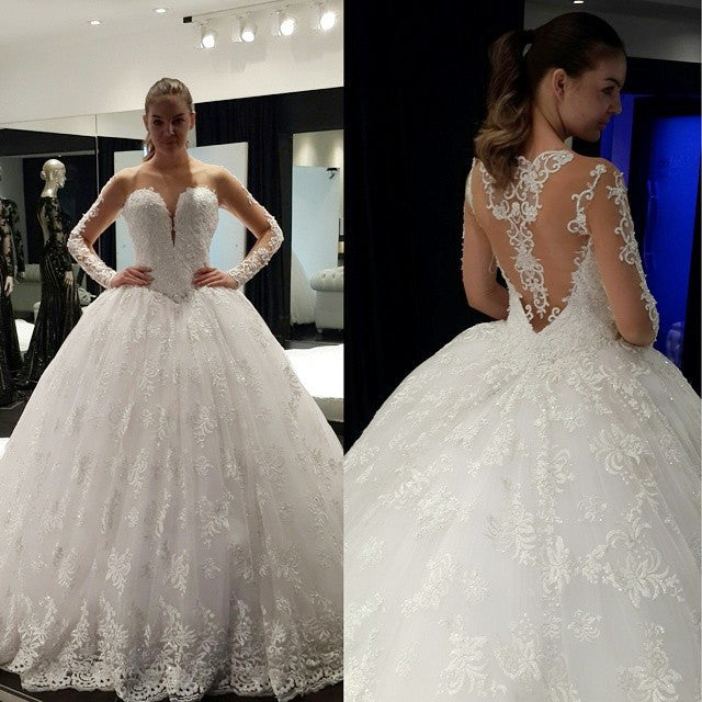 Vintage Long Sleeve Ball Gown Princess Dress Lace Crystal Floor Length Wedding Dress