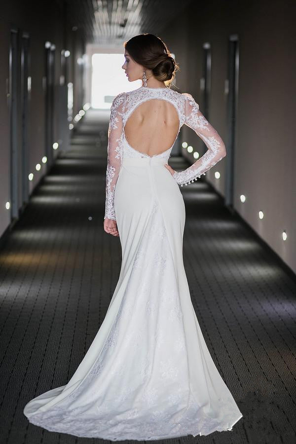 chinese dress ladies Vintage Long Sleeve Lace High Neck Wedding Dress Satin Bridal Gown with Open Back