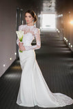 Vintage Long Sleeve Lace High Neck Wedding Dress Satin Bridal Gown with Open Back