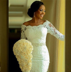 Vintage Long Sleeve Mermaid Lace Wedding Dress Crystal Latest Long Plus Size Bridal Gowns BA0645