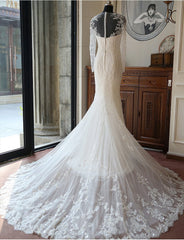 Vintage Long Sleeve Mermaid Tulle Bridal Gown New Arrival Court Train Wedding Dresses