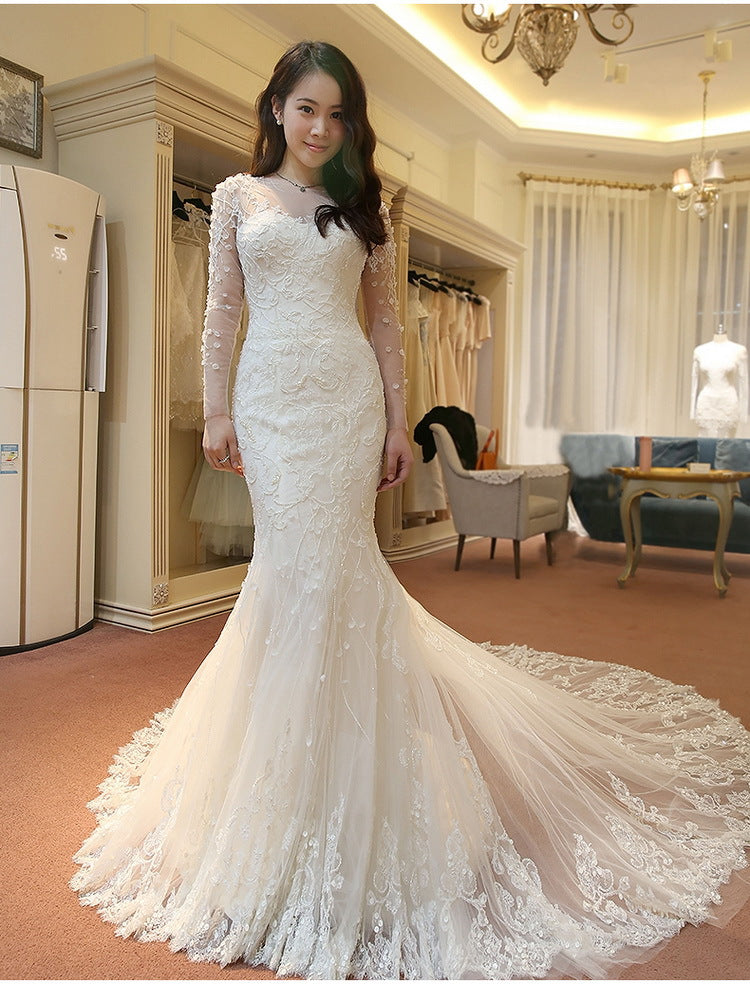 vintage long sleeve mermaid wedding dress Vintage Long Sleeve Mermaid Tulle Bridal Gown New Arrival Court Train Wedding Dresses