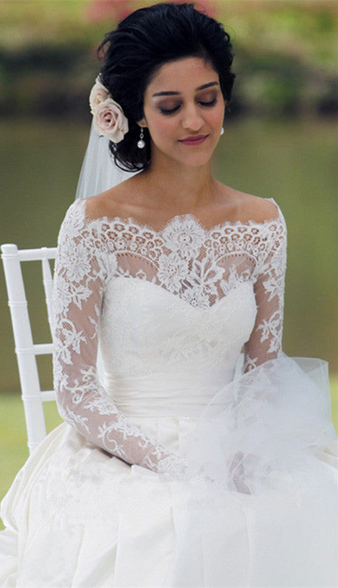 Vintage Long Sleeve Off Shoulder Wedding Dress New Arrival Custom Made White Lace Bridal Gowns | Suzhoufashion Vintage Long Sleeve Off Shoulder Wedding Dress New Arrival Custom Made White Lace Bridal Gowns | Suzhoufashion
