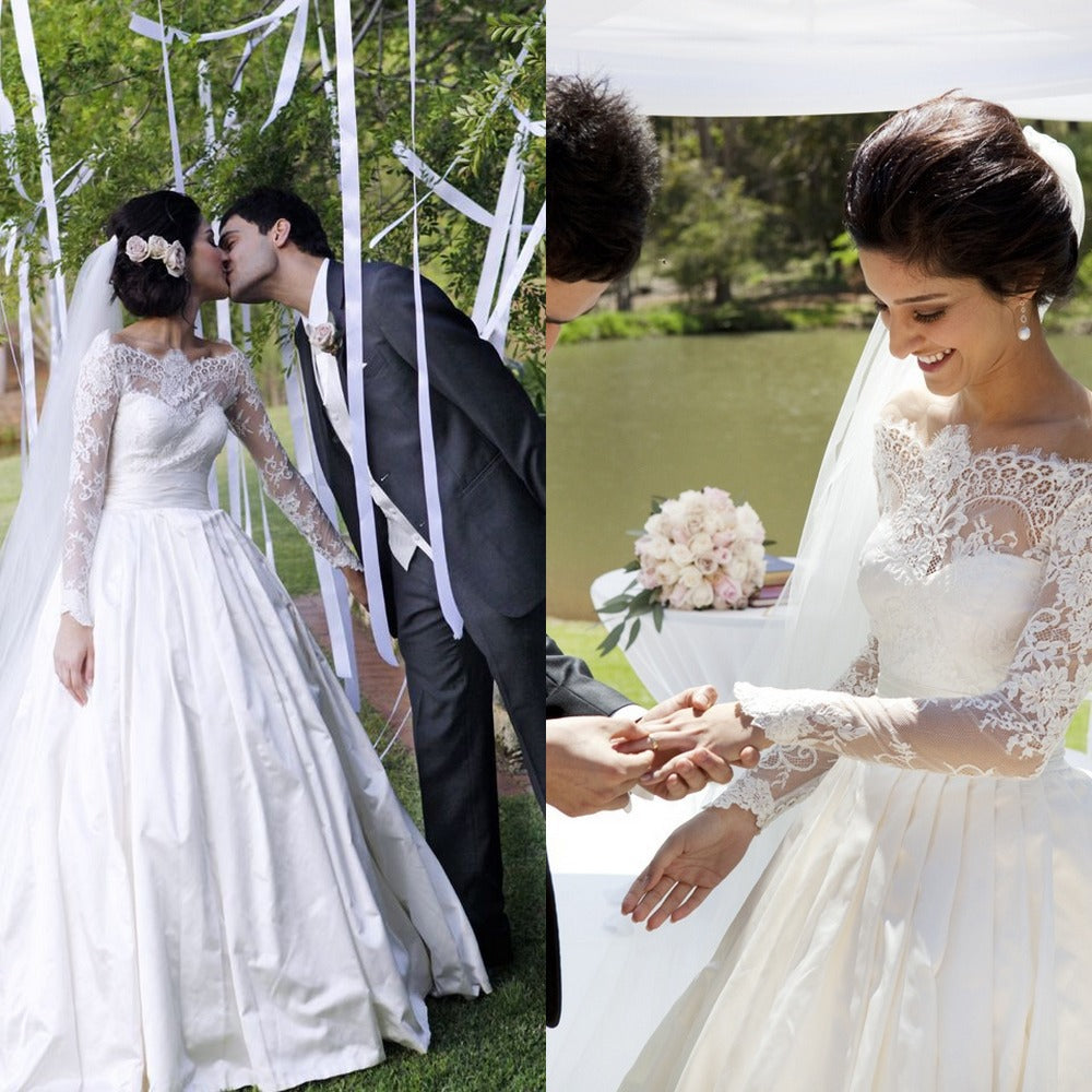 Vintage Long Sleeve Off Shoulder Wedding Dress New Arrival Custom Made White Lace Bridal Gowns