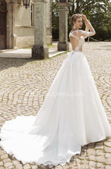 Vintage Long Sleeves Bridal Dress Appliques Court Train Sheer Wedding Ball Gowns