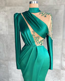 Vintage Long Sleeves Jade Appliques Ruffles Mermaid Evening Dresses