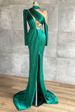 Vintage Long Sleeves Jade Appliques Ruffles Mermaid Evening Dresses