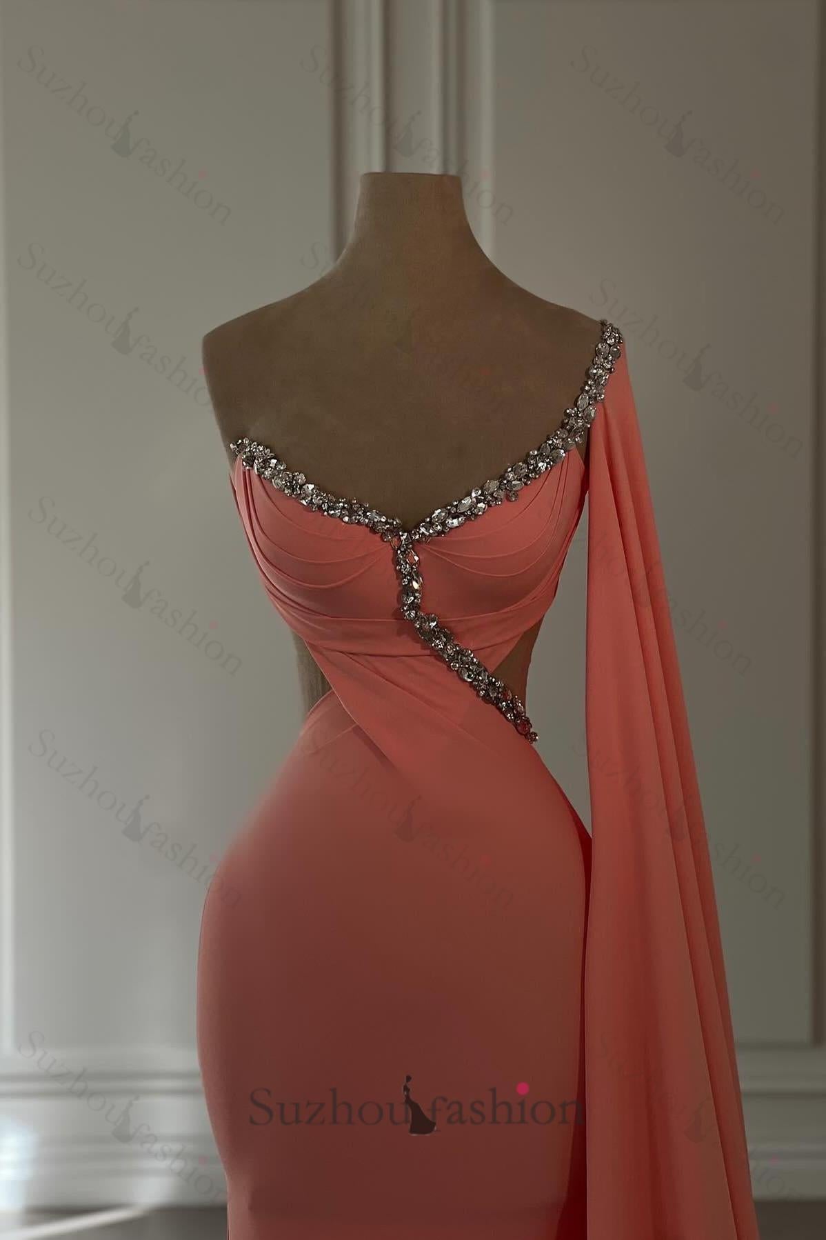 Vintage Mermaid Chiffon Scoop Cap Sleeve Formal Dress With Rhinestone
