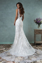 Vintage Mermaid Lace Wedding Dress Spaghetti Strap Open Back Sweep Train Bridal Gown