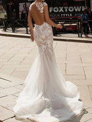 Vintage Mermaid Wedding Dress Jewel Lace Tulle Cap Sleeve Sexy See-Through Backless Bridal Gowns in Color with Sweep Train