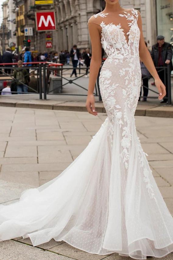 Vintage Mermaid Wedding Dress Jewel Lace Tulle Cap Sleeve Sexy See-Through Backless Bridal Gowns in Color with Sweep Train