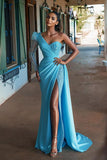 Vintage One Shoulder Ruffles Beading Blue Split Mermaid Prom Dresses