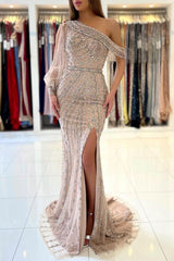 Vintage One Shoulder Tulle Crystal Split Mermaid Prom Dresses