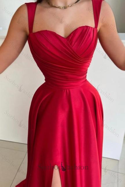 Vintage Red Prom Dress A Line Satin Pleated Sleeveless Formal Dress With Slit