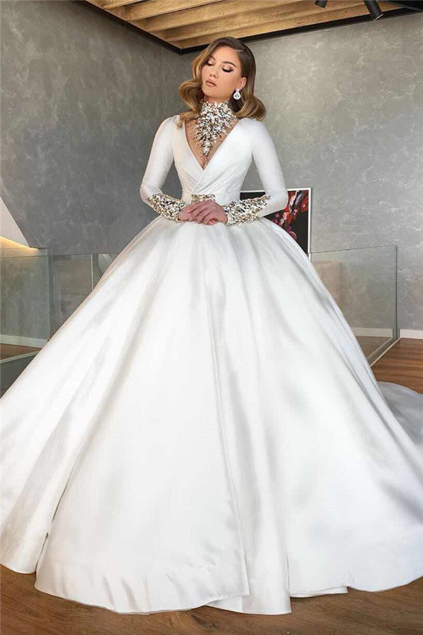 Vintage Satin Winter Wedding Dresses with Sleeves | High Neck Long Sleeve Crystals Retro Ball Gown Bridal Dresses