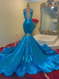 Vintage Sequins Appliques V-neck Sleeveless Floor-length Mermaid Prom Dresses