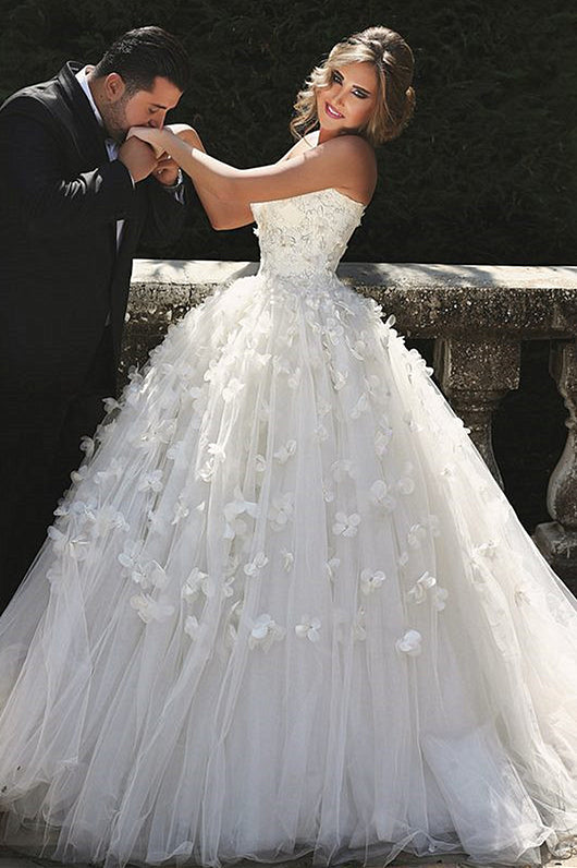 Vintage Sweetheart Tulle Ball Gown Wedding Dress with Flowers Lace Custom Made Bridal Gowns