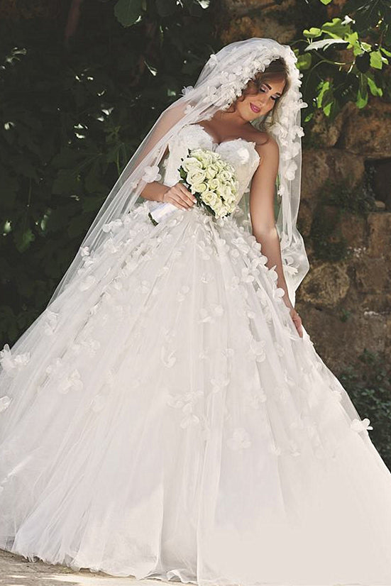Vintage Sweetheart Tulle Ball Gown Wedding Dress with Flowers Lace Custom Made Bridal Gowns