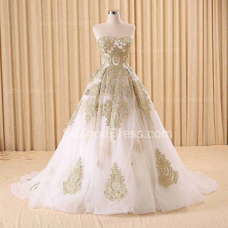 Vintage Swwetheart Gold Lace Ball Gown Wedding Dress White Tulle Latest Formal Long Bridal Gowns