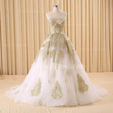 Vintage Swwetheart Gold Lace Ball Gown Wedding Dress White Tulle Latest Formal Long Bridal Gowns