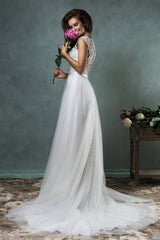 Vintage White Lace Applique Bride Dress Latest Sweep Train Summer Beach Wedding Dress