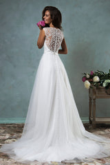 Vintage White Lace Applique Bride Dress Latest Sweep Train Summer Beach Wedding Dress