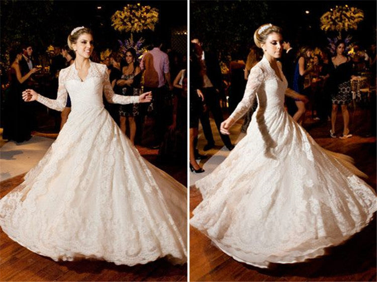 Vintage White Long Sleeve Lace Wedding Dress A-Line Vestidos De Noiva Formal Bridal Gowns