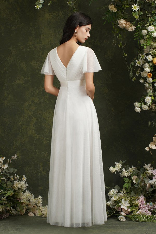 Vintage white V-Neck Short-Sleeves A-Line Floor-Length Tulle Prom Dresses