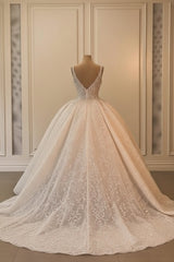 Long Wedding Dress A Line V Neck Sleeveless Princess Glitter Bridal Gown With Lace