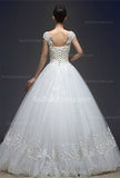Wedding Dresses Scoop Cap Sleeve Ball Gown Floor Length Appliques White Flower Crystal Sequins Lace-up Bridal Gowns