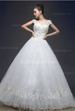 Wedding Dresses Scoop Cap Sleeve Ball Gown Floor Length Appliques White Flower Crystal Sequins Lace-up Bridal Gowns