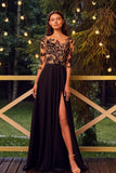 Whimsical Chiffon Black Lace Ruffles Split A-Line Prom Dresses