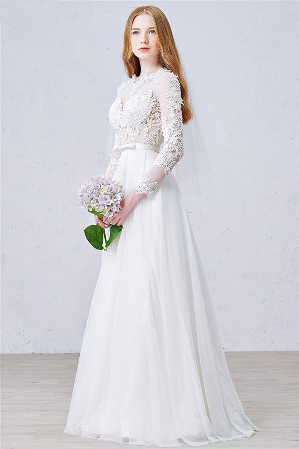 White A-Line Long Sleeve Bridal Gown New Arrival Tulle Lace Floor Length Wedding Dress