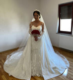 White A-line Lace Mermaid Wedding Gown with Detachable Sweep Train
