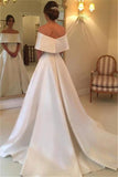 White A-line Satin Wedding Dresses | Off the Shoulder Court Train Simple Bridal Gowns