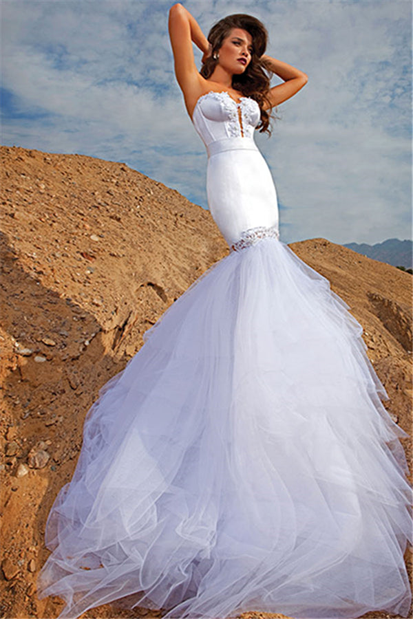 White Applique Sweetheart Wedding Dresses Organza Sweep Train Bridal Gowns with Beadings BA4717