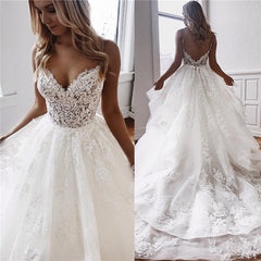 White Appliques Fascinating Spaghetti-Straps Ball-Gown Chapel-Train Lace Wedding Dresses