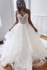 White Appliques Fascinating Spaghetti-Straps Ball-Gown Chapel-Train Lace Wedding Dresses