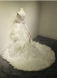 White Ball Gown Crystal Wedding Dresses Tulle Tiered Sash Bridal Dresses