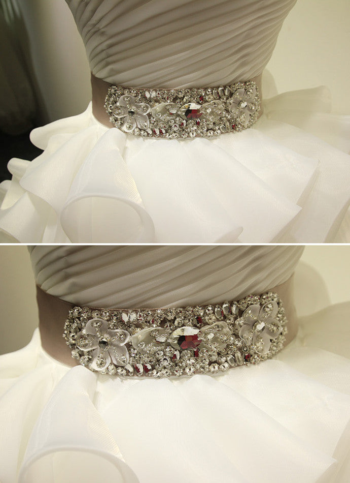 White Ball Gown Crystal Wedding Dresses Tulle Tiered Sash Bridal Dresses