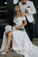 White Beach Wedding Dress A Line Off The Shoulder Split Front Lace Up Long Bridal Gown Panel Train