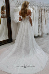 White Beach Wedding Dress A Line Strapless Off The Shoulder Sleeveless Beaded Chapel Train Tulle Bridal Gown With Pearls