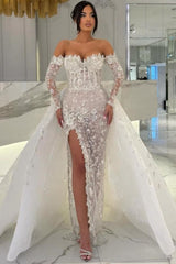 White Beach Wedding Dress Column Sweetheart Off The Shoulder Long Sleeves Panel Train Lace Bridal Gown With Slit
