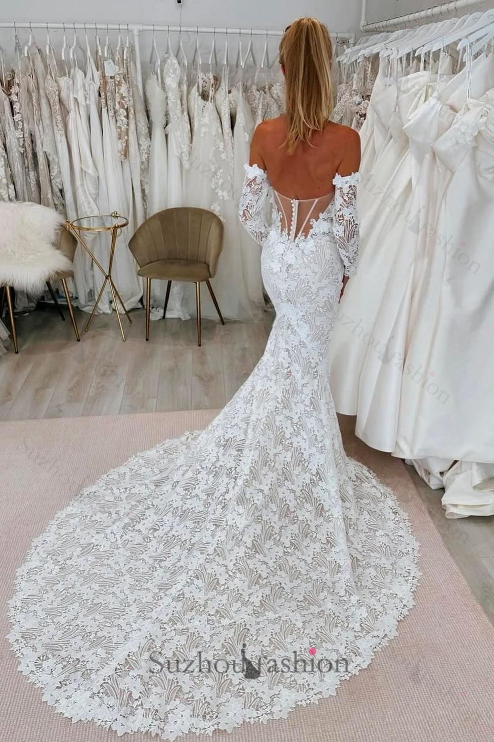 Suzhoufashion White Beach Wedding Dress Lace Mermaid Sweetheart Off The  Shoulder Long Sleeves Cathedral Train Bridal Gown – suzhoufashion