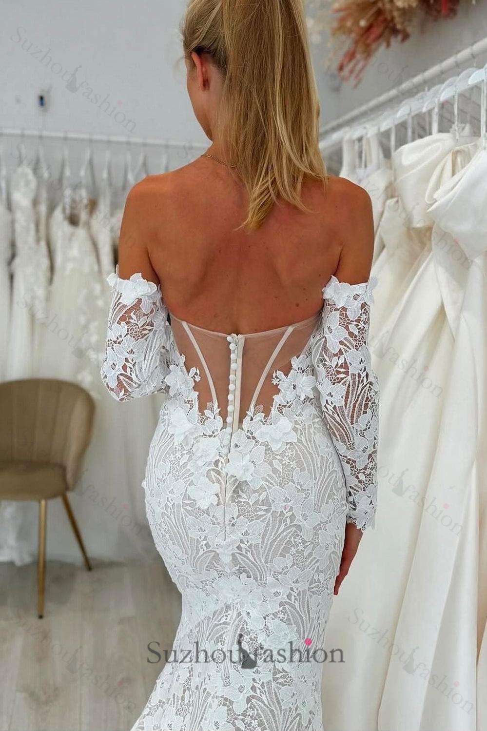 White Beach Wedding Dress Lace Mermaid Sweetheart Off The Shoulder Long Sleeves Cathedral Train Bridal Gown White Beach Wedding Dress Lace Mermaid Sweetheart Off The Shoulder Long Sleeves Cathedral Train Bridal Gown